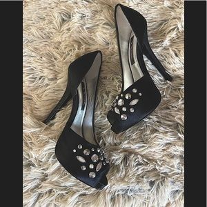 NINA Black Satin Peep Toe Platform Heels New 7